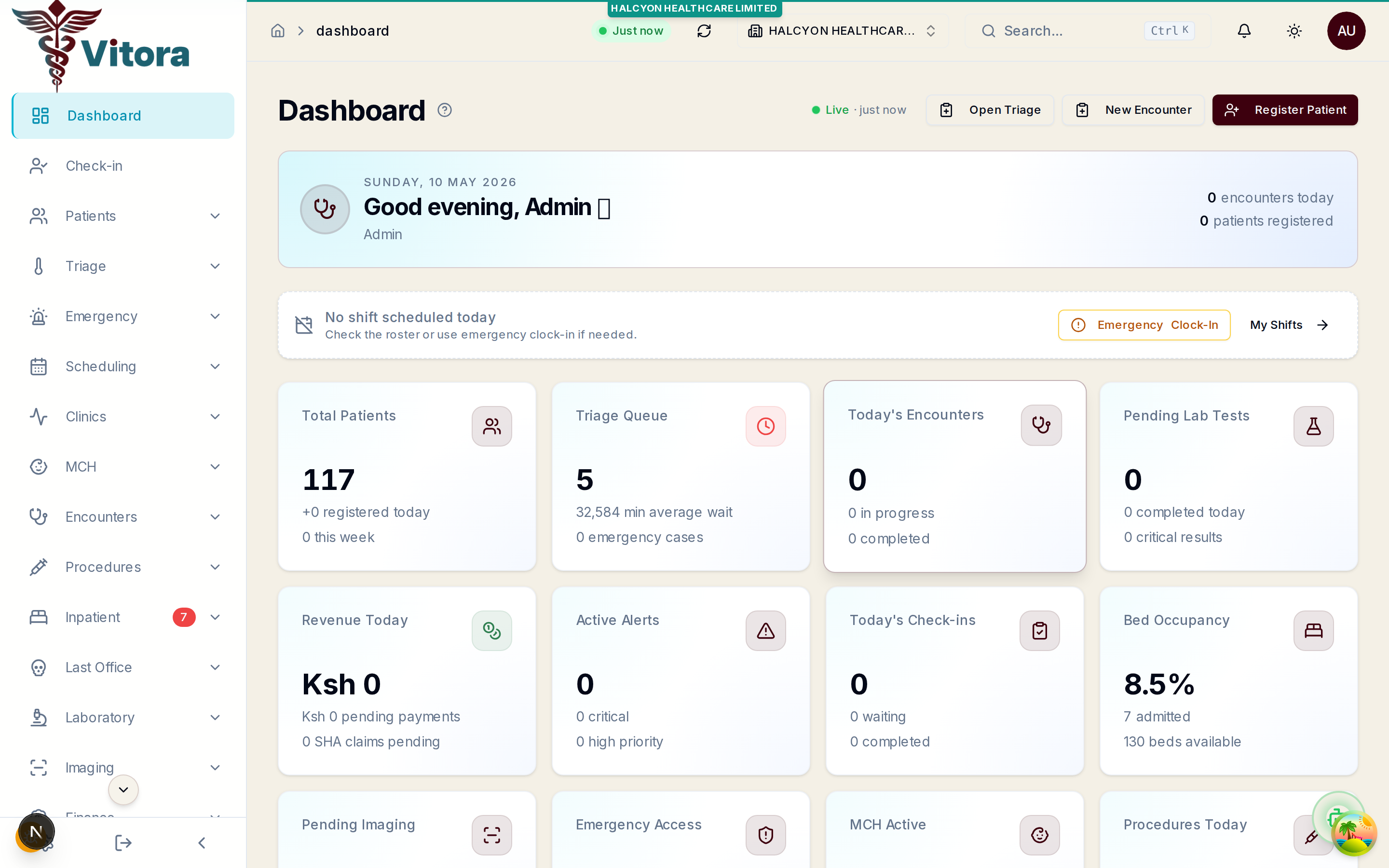Vitora HMIS Dashboard — real-time patient stats, triage queue, billing, scheduling, and clinical modules