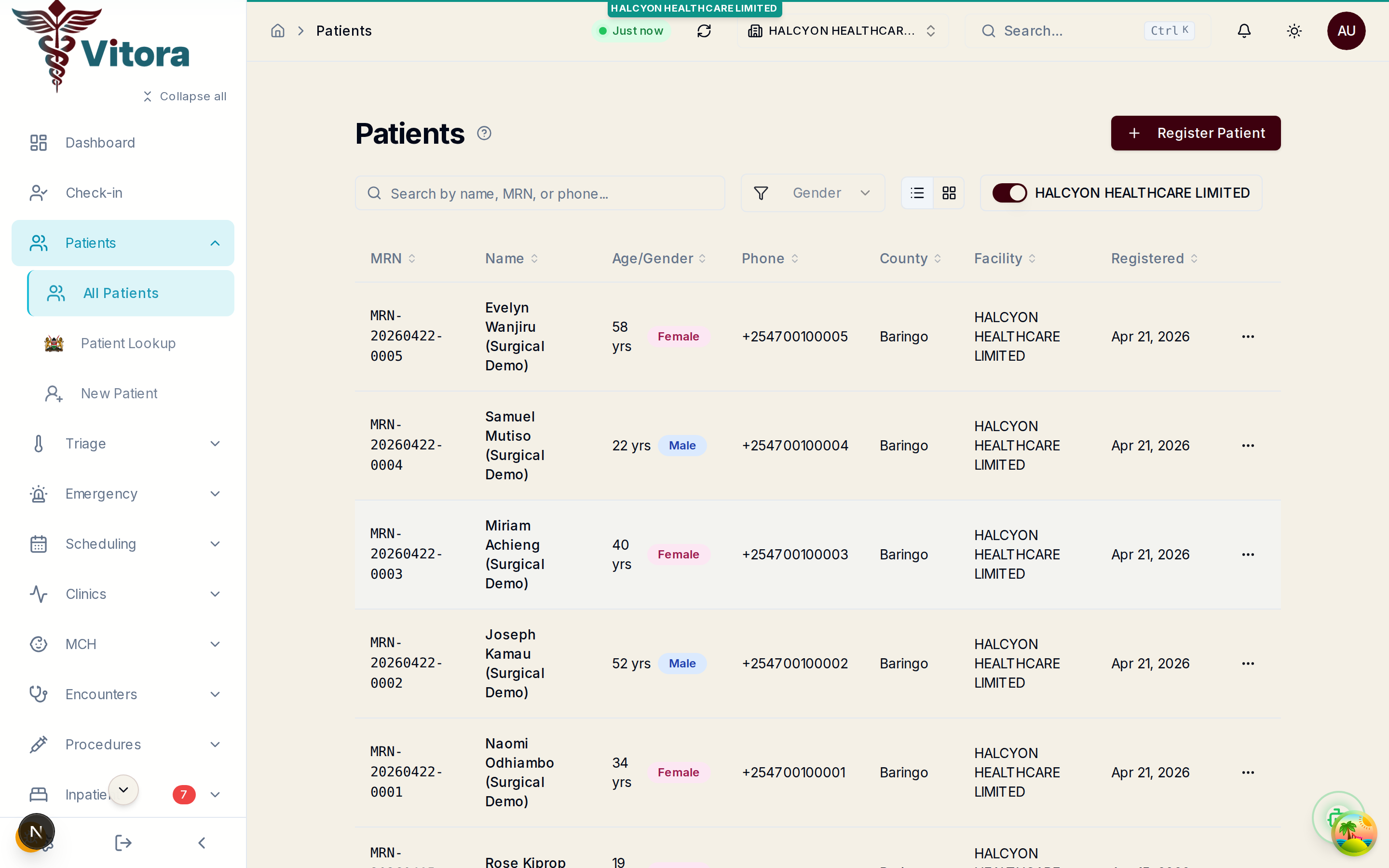 Vitora patient list with search and demographics